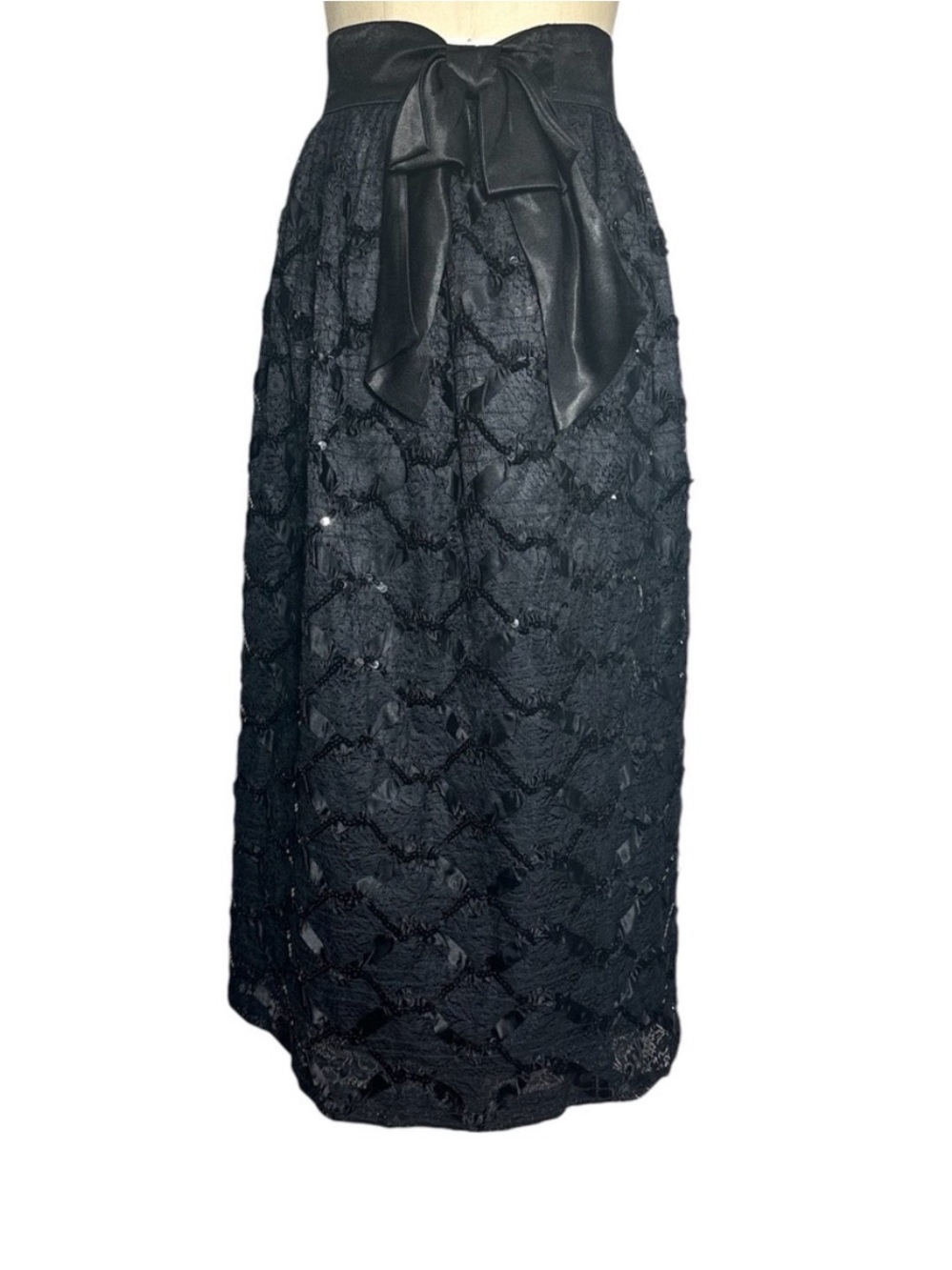 Vintage Prophecy Petites Black Sequined Lace Maxi Skirt Bow Detail
